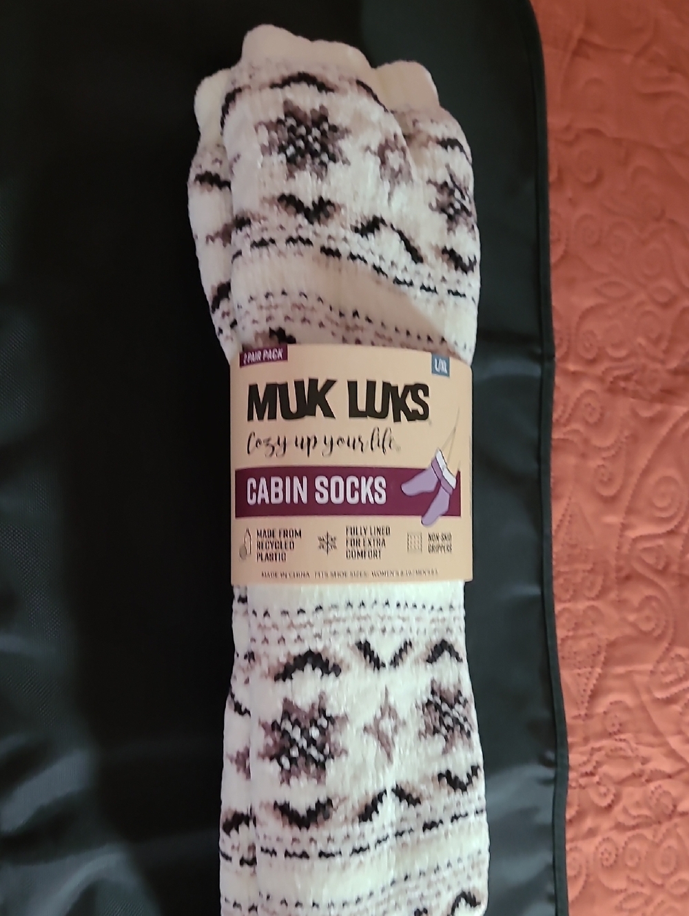 Muk Luks White and Black Patterned Cabin Socks - Plush Lined